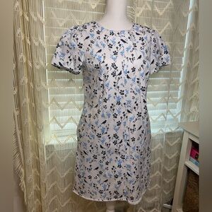 Draper James Cotton Floral Bird Shift Dress White Navy Blue Size 6